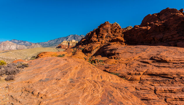 The Aztec Sandstone of the Calico Hills With Turtlehead Peak In The Distance,  Red Rock Canyon NCA, Las Vegas, USA