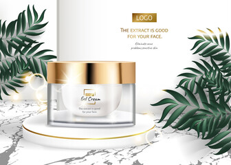 Skin care product Ads for advertisement with tropical leaves on marble stone background in mockup illustration