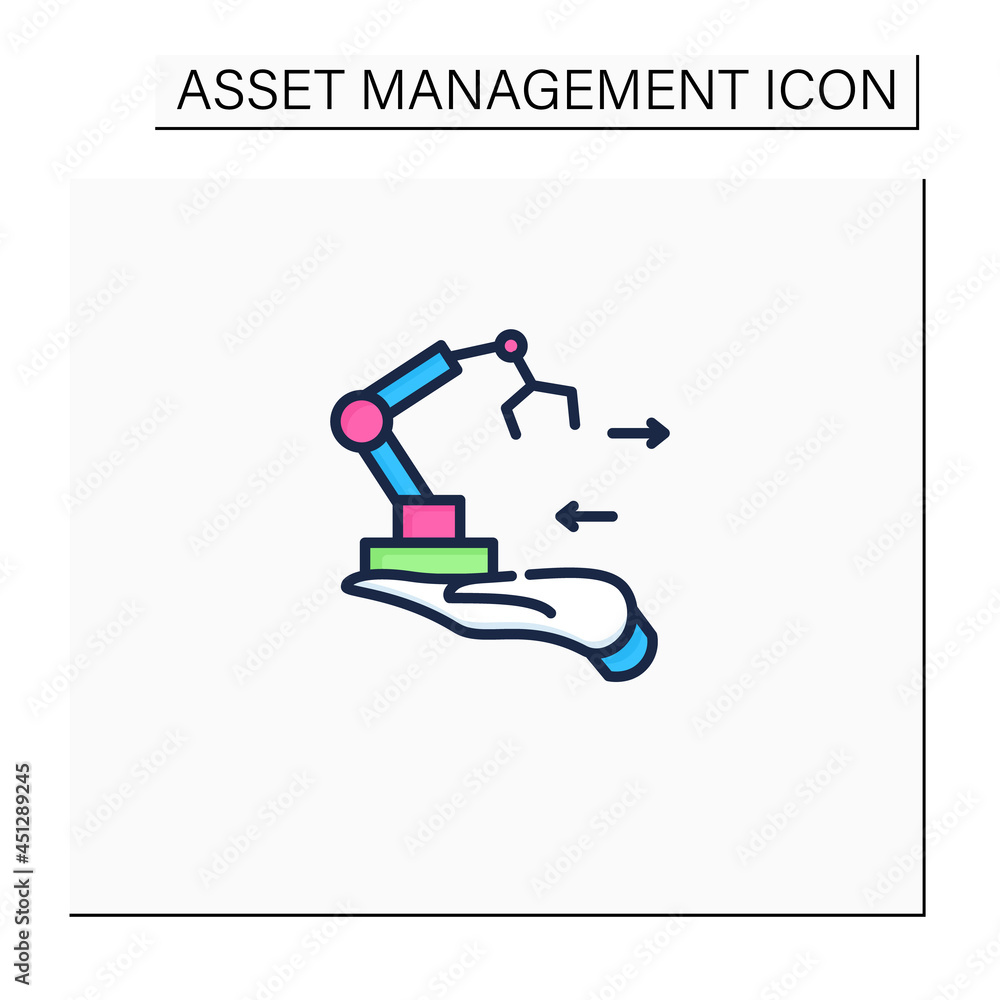 Aufkleber fixed asset management color icon. industrialization.tracking fixed assets for purposes of financial