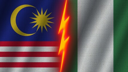 Nigeria and Malaysia Flags Together, Wavy Fabric Texture Effect, Neon Glow Effect, Shining Thunder Icon, Crisis Concept, 3D Illustration