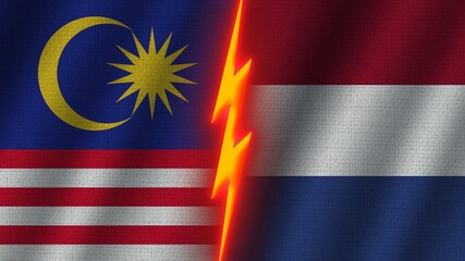 Netherlands and Malaysia Flags Together, Wavy Fabric Texture Effect, Neon Glow Effect, Shining Thunder Icon, Crisis Concept, 3D Illustration