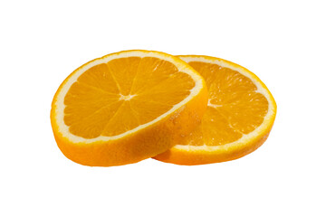 two slices of orange on a white isolated background. sliced orange
