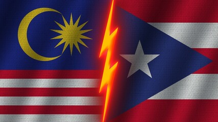 Puerto Rico and Malaysia Flags Together, Wavy Fabric Texture Effect, Neon Glow Effect, Shining Thunder Icon, Crisis Concept, 3D Illustration