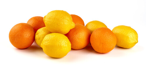 Fresh oranges and lemons, Photo banner for grocery stores, isolated on white background.