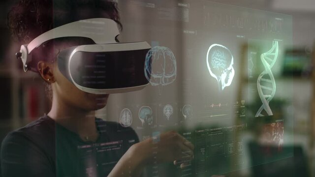 Close-Up Shot Of African American Female Surgeon Doctor With Augmented Reality Or Virtual Reality Glasses Looking at Futuristic Medical Charts. MRI, Brain, DNA And Science Animations.