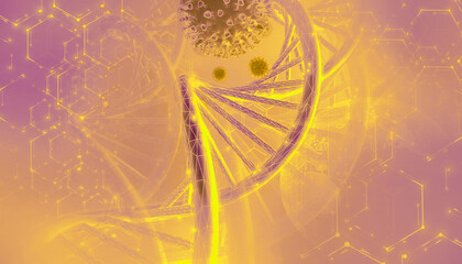 DNA sequence and COVID-19 infection virus cells. Abstract image coronavirus. World pandemic delta variant on planet Earth. Orange Background. 3D illustration