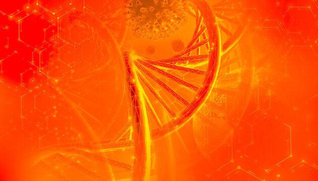 DNA sequence and COVID-19 infection virus cells. Abstract image coronavirus. World pandemic delta variant on planet Earth. Red Background. 3D illustration