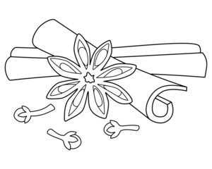 Star anise, cloves and cinnamon sticks - spices vector linear illustration for coloring. Spices - cinnamon, cloves and star anise - aromatherapy spice composition for coloring