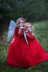 Zwei süße Engel mit roten Kleidern und weißen Flügel stehen im Wald und versuchen zu pusten,...