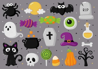 Happy halloween elements set isolated on gray background. vector illustration.