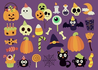 Cute halloween party on purple background. vector illustration.