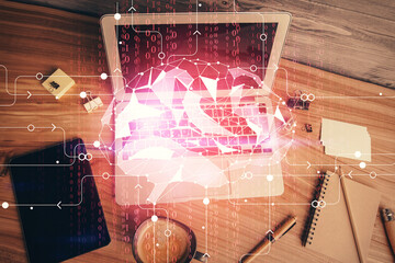 Multi exposure of brain sketch hologram over topview work table background with computer. Concept...