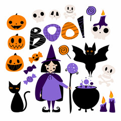 Vector collection of Halloween elements. Flat illustrations set witch with a magic ball, black cats, skulls, pumpkin, ghosts, bat, candy, candles isolated on a white background.