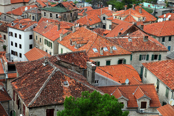 Kotor old town roofs from Lovcen Mountain in Kotor, Montenegro. Kotor is part of the UNESCO World Heritage Site.