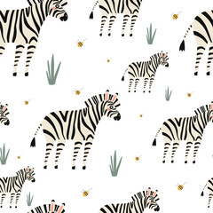 Fototapeta na wymiar seamless pattern with vector illustrations of striped zebras. animalistic background for kids design