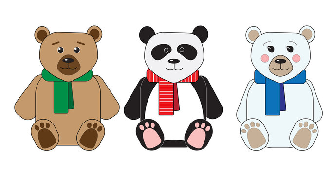 Three teddy bears: panda, teddy, polar bear, sitting in multicolor scarves