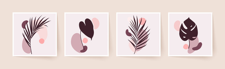 Modern minimal posters with tropical leaves and abstract organic shapes. Vector illustration.