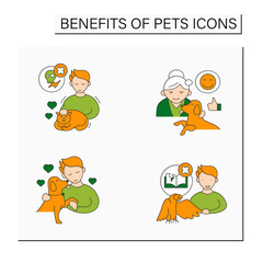 Pets benefits color icons set. Help relieve depression, anxiety, lower stress levels. Different pets.Animal caring concept. Isolated vector illustration