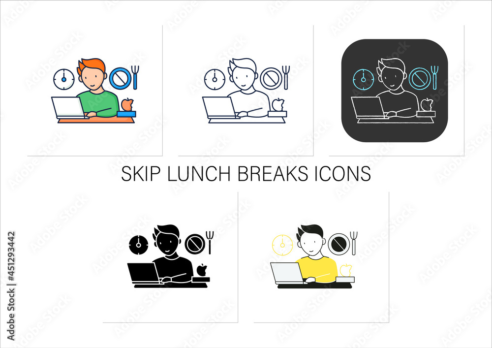 Poster workaholic icons set.skip lunch breaks through work. man at laptop. hard working.overworking concept