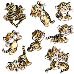 cartoon baby tiger collection. wild animals cat watercolor illustration