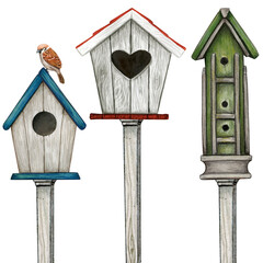 Watercolor wooden birdhouses