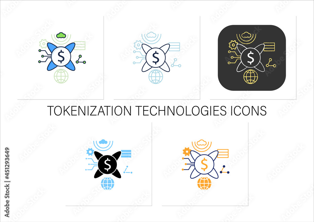 Aufkleber tokenization technologies icons set.software prevents credit card theft information. digital transfo
