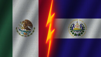 El Salvador and Mexico Flags Together, Wavy Fabric Texture Effect, Neon Glow Effect, Shining Thunder Icon, Crisis Concept, 3D Illustration - obrazy, fototapety, plakaty