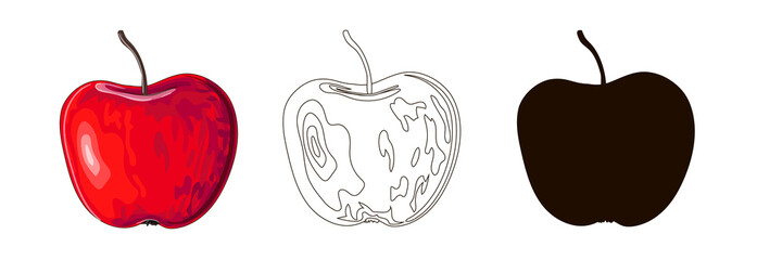 A set of three apples. Drawn red apple in cartoon style, doodle style and black apple silhouette. Stock vector illustration isolated on white background.