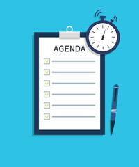 Agenda for meeting. List of event with remind. Flat template of schedule with time for business plan. Summary in school. Important document with program on board. Presentation with memo. Vector