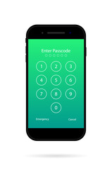 Password for unlock in phone screen. Numeric passcode in smartphone. Number of pin code for security. UI of cellphone. Template of lockscreen. Mockup of interface. App on digital display. Vector