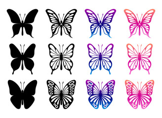 set isolated black silhouette and colorful gradient butterflies