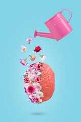 Creative minimal idea made of human brain with flowers and watering can.