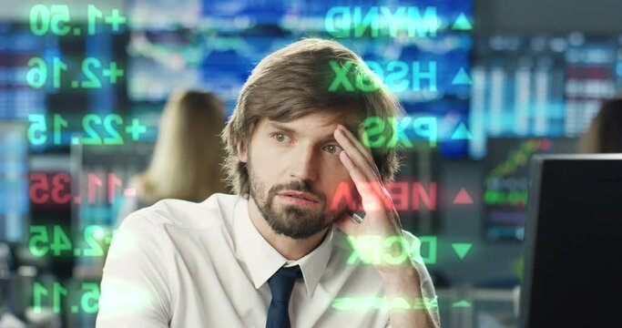 Close up of young caucasian man trader in formal clothes working at monitor of computer in trading office. Male broker is upset and disappointed. Lost bet and rate. Loosing money on exchange concept