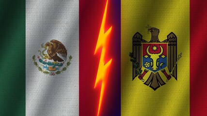 Moldova and Mexico Flags Together, Wavy Fabric Texture Effect, Neon Glow Effect, Shining Thunder Icon, Crisis Concept, 3D Illustration