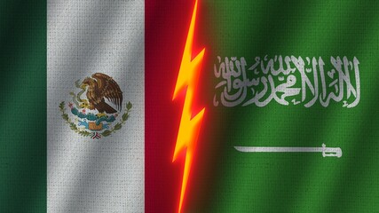 Saudi Arabia and Mexico Flags Together, Wavy Fabric Texture Effect, Neon Glow Effect, Shining Thunder Icon, Crisis Concept, 3D Illustration