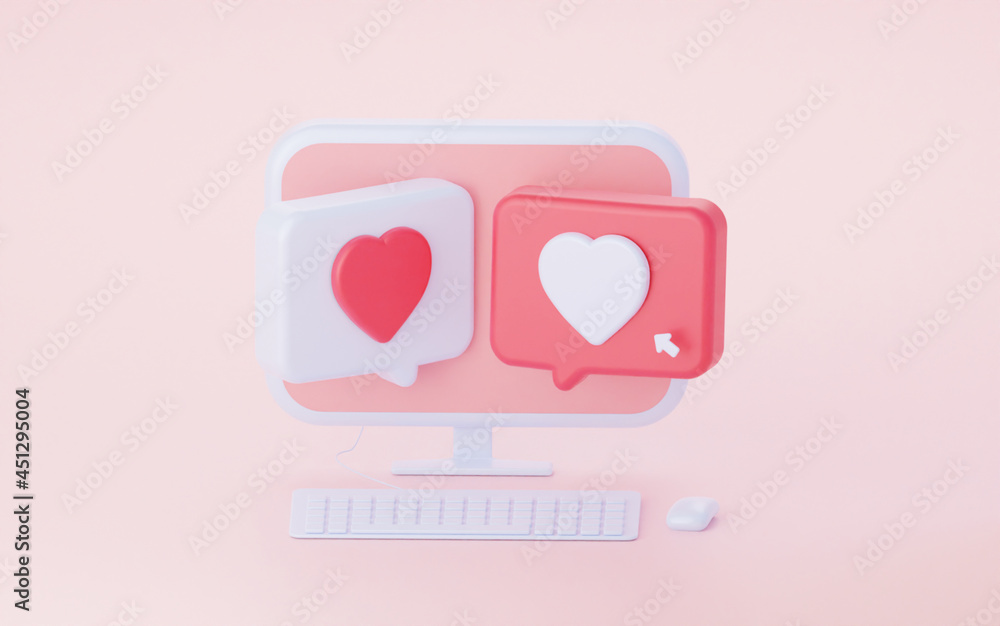 Poster a computer with two speech bubble hearts. correspondence in social networks. 3d rendering.