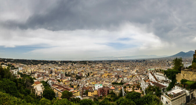 Aerial Panorama Of The City Of Naples Italy With Mt Vesuvius In The Background.