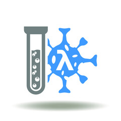 Virus lambda variant with test tube vector illustration. COVID-19 SARS-CoV-2 LAMBDA Strain Research Symbol. Testing lambda coronavirus icon.