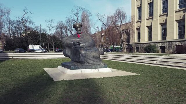 Statue of the famous Croatian writer Marko Marulic near of the old Croatian Natioinal Archives in Zagreb, Croatia