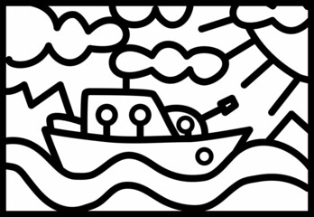 Logo on the sea theme. Yacht ship waves. Black and white sign. Vector illustration. River emblem. Ocean icon.