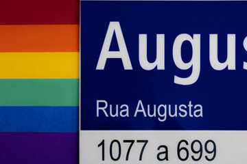 Augusta Street with LGBTQIA+ flag. São Paulo, Brazil. Augusta street is a place where LGBTQIA+...