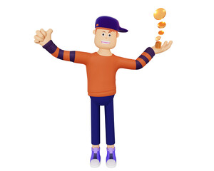 3d cartoon character holding dollar coin. Concept of earnings for young people, capital increase, job search for students. Young cartoon character holds a stack of gold dollar coins, 3d illustration.