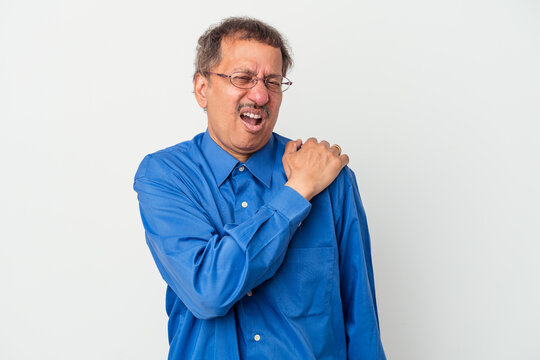 Middle aged indian man isolated on white background having a shoulder pain.
