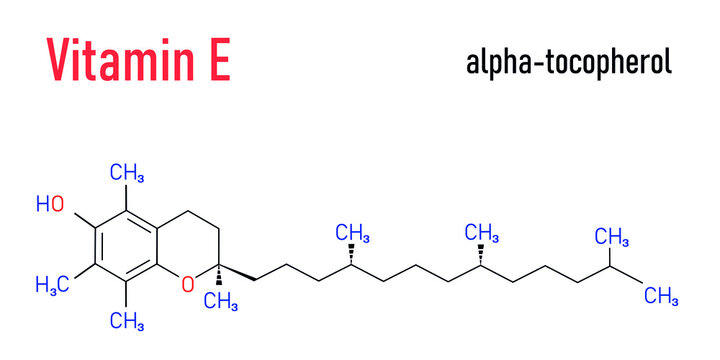 Vitamin E (alpha tocopherol) molecule. Skeletal formula.