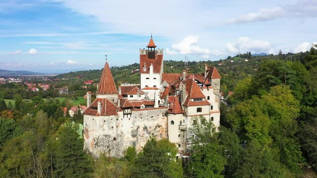 Flying over Bran Castle, Transylvania - Autumn season in Romania