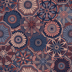 Seamless pattern with decorative flowers in blue and pink colors