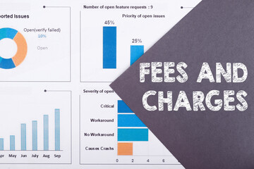 The word FEES AND CHARGES is written on a gray background with diagrams and graphs.