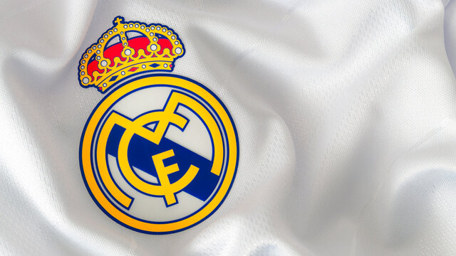 London, UK - February 15 2019:Illustrative editorial of a macro close up of a soccer jersey on the football club Real Madrid logo