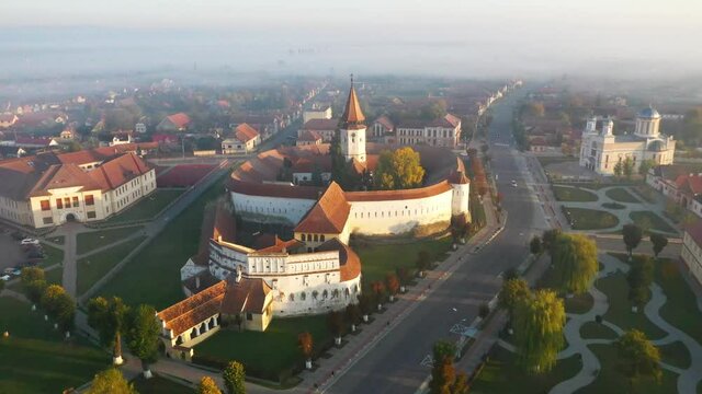 Prejmer, Romania - Aerial footage drone flying view of fortified church, Transylvania