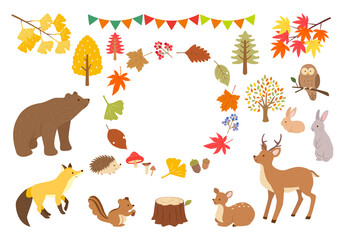 秋の森にいるかわいい動物達の背景素材 手描き水彩画イラスト 横長 03 Acorn Wall Mural Aco Fuwari